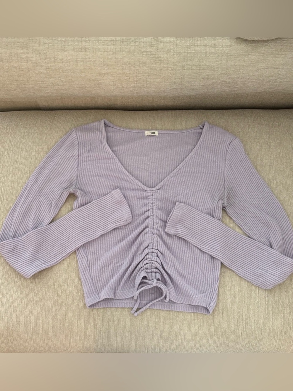 Garage Lavender Ribbed V-Neck Ruched Long Sleeve Top